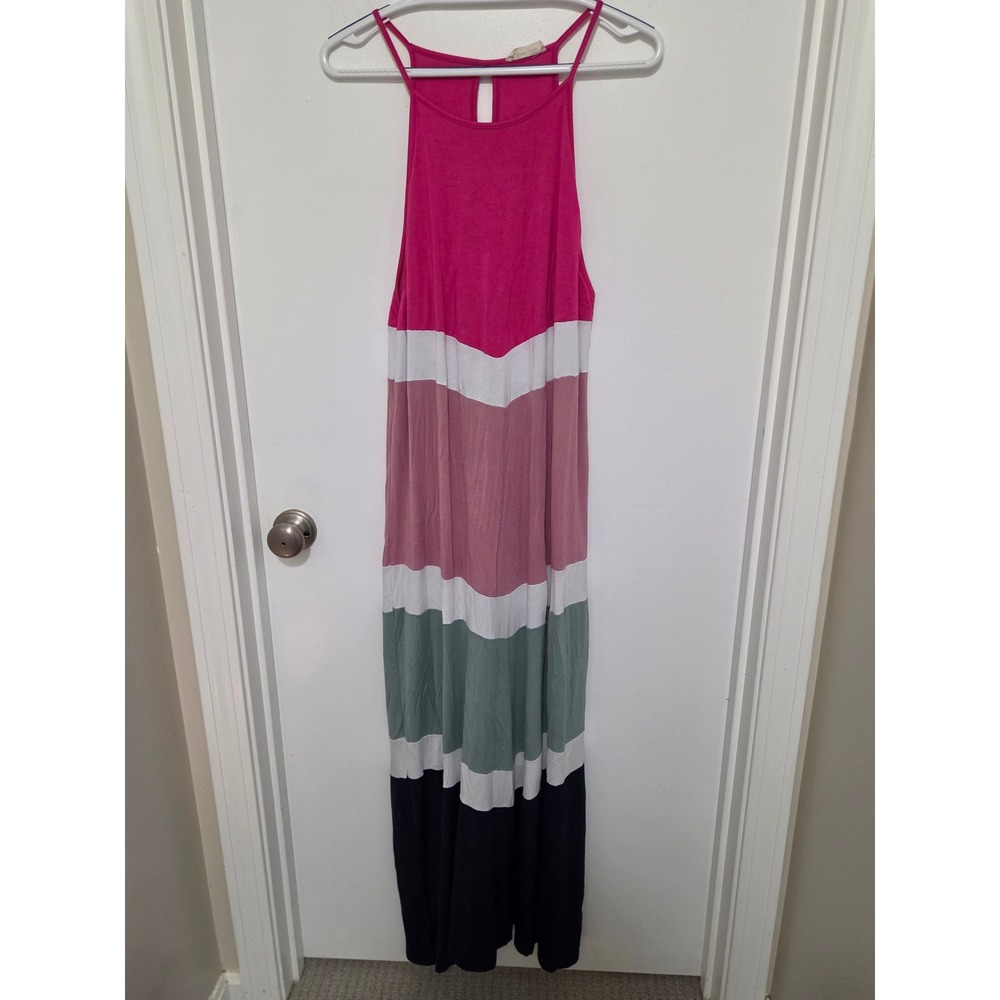 Beeson River Womens Colorblock Chevron Maxi Dress Pink Navy Blue XL D5398-1